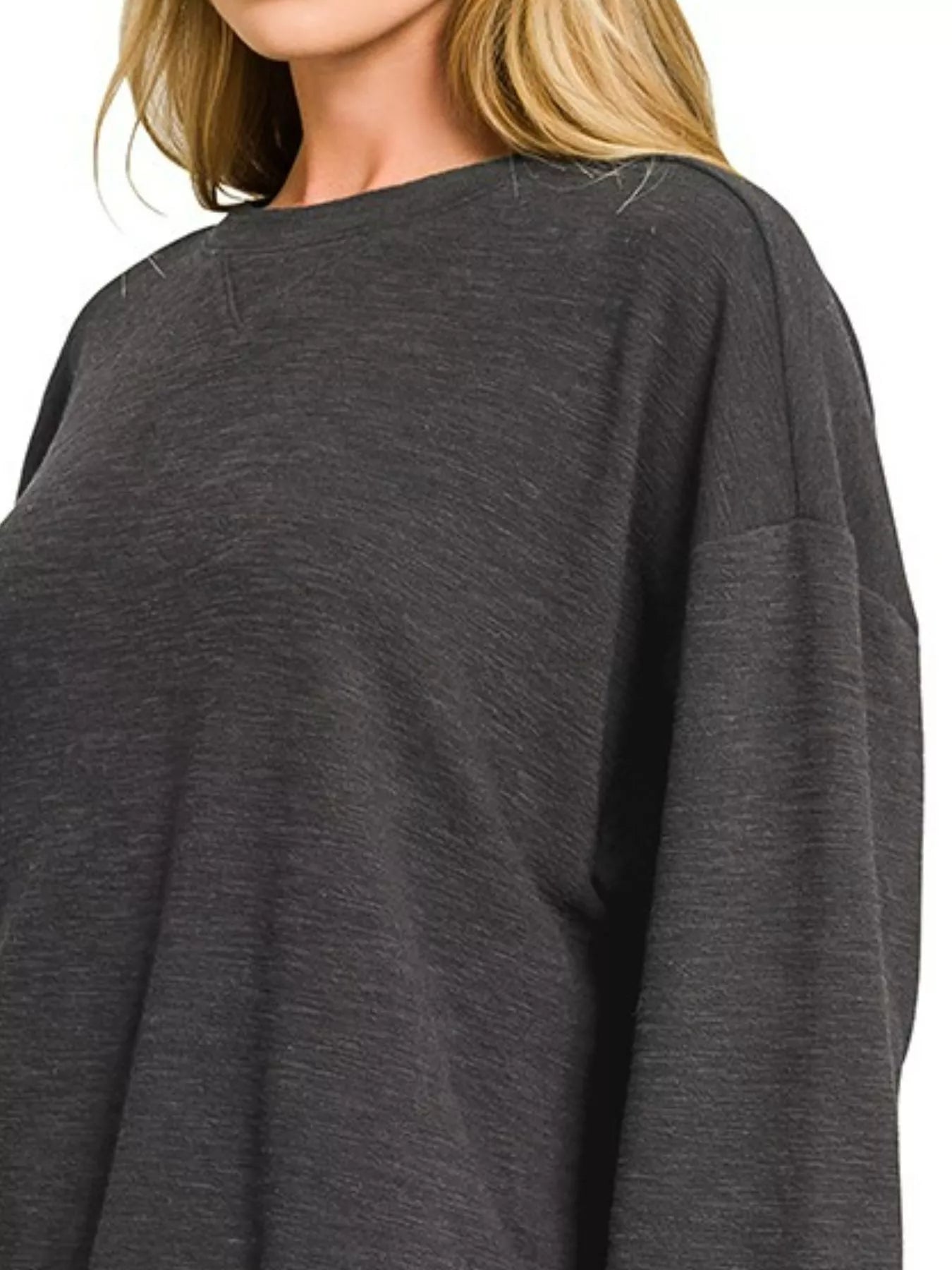 Black Zenana Slub Long Sleeve Top and Shorts Set by Trendsi, featuring a casual, comfortable loungewear look.
