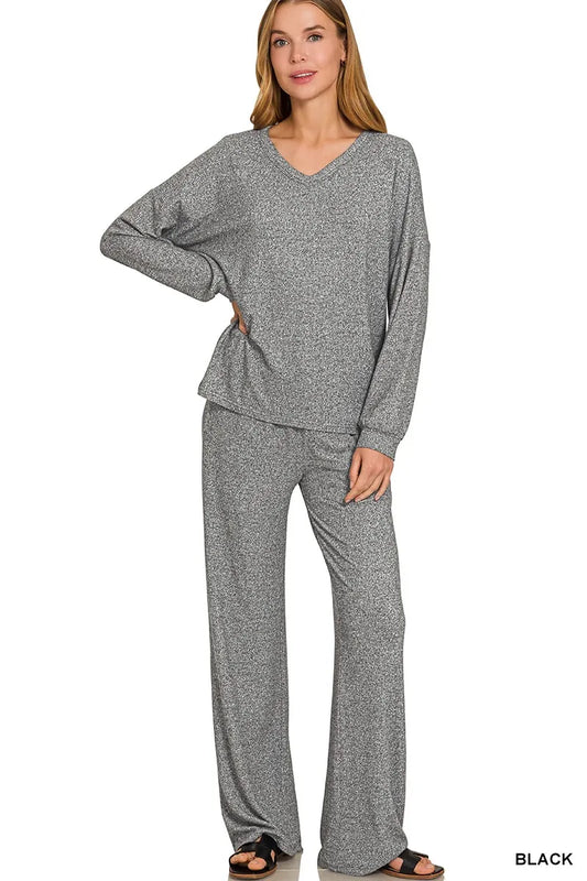 Black Zenana Soft Melange long sleeve tee and pants set with a comfortable, casual fit and soft fabric.