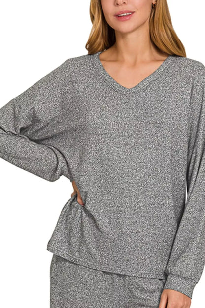Black Zenana soft melange long sleeve tee and matching pants set, casual loungewear with comfortable fabric and relaxed fit.