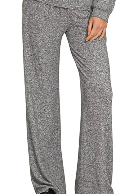Black Zenana soft melange long sleeve tee and pants set, casual loungewear with comfortable fabric and relaxed fit.