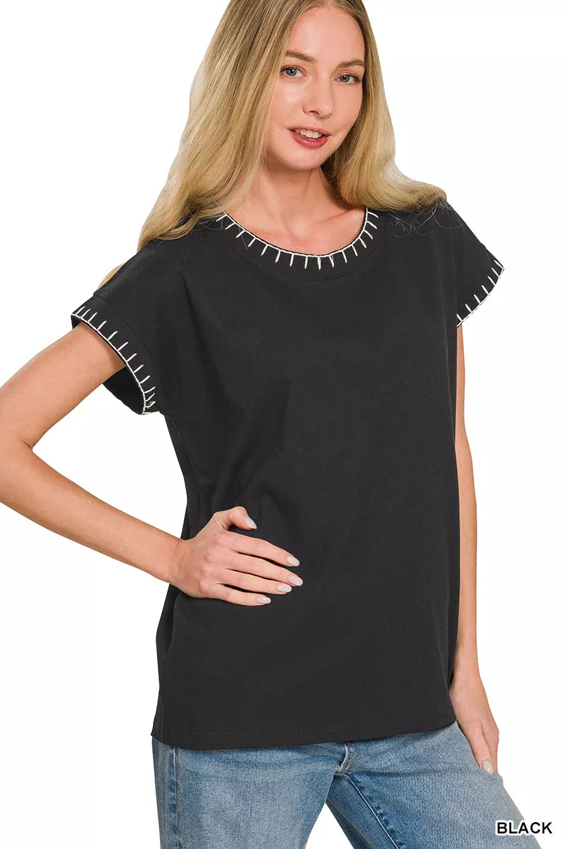 Black Zenana stitch-detailed oversize top with relaxed fit and long sleeves, perfect for casual and stylish everyday wear.