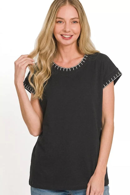Black Zenana stitch-detailed oversize top featuring relaxed fit and textured fabric, perfect for casual and stylish outfits.