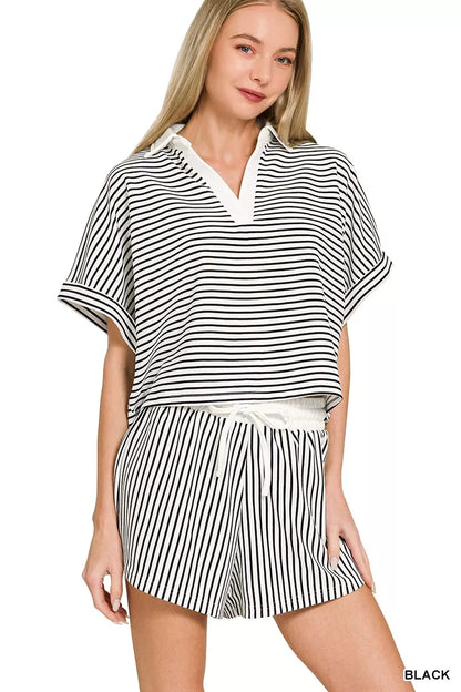 Black striped collared top and matching shorts set by Trendsi, casual summer fashion for women.