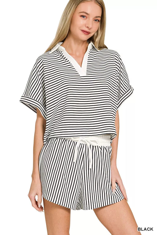 Black striped collared top and matching shorts set by Trendsi, casual summer fashion for women.