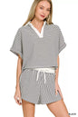 Black striped collared top and matching shorts set by Trendsi, casual summer fashion for women.