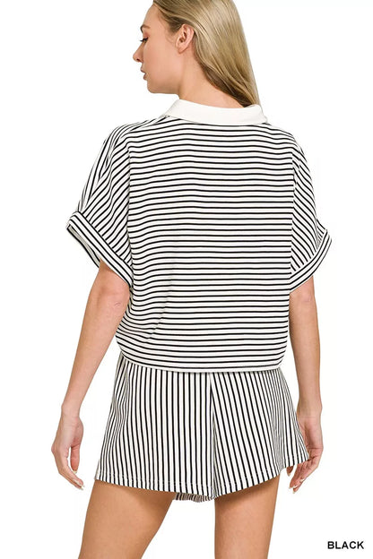 Black Zenana striped collared top and shorts set with long sleeves, featuring a casual, stylish design perfect for everyday wear.