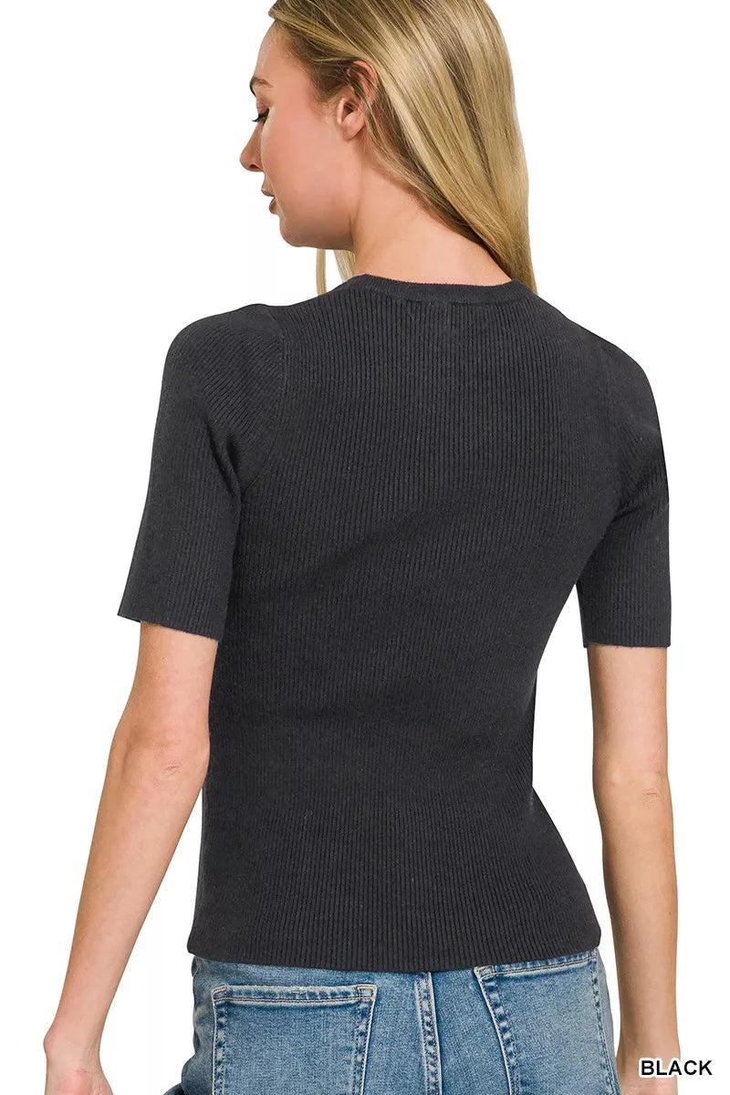 Black Zenana Viscose Ribbed Round Neck Sweater with long sleeves, soft textured fabric, and fitted style.