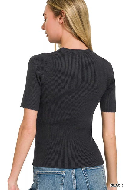 Black Zenana Viscose Ribbed Round Neck Sweater with long sleeves, soft textured fabric, and fitted style.
