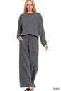 Black Zenana washed fleece round neck pullover and pants set by Trendsi, cozy loungewear with a relaxed fit.