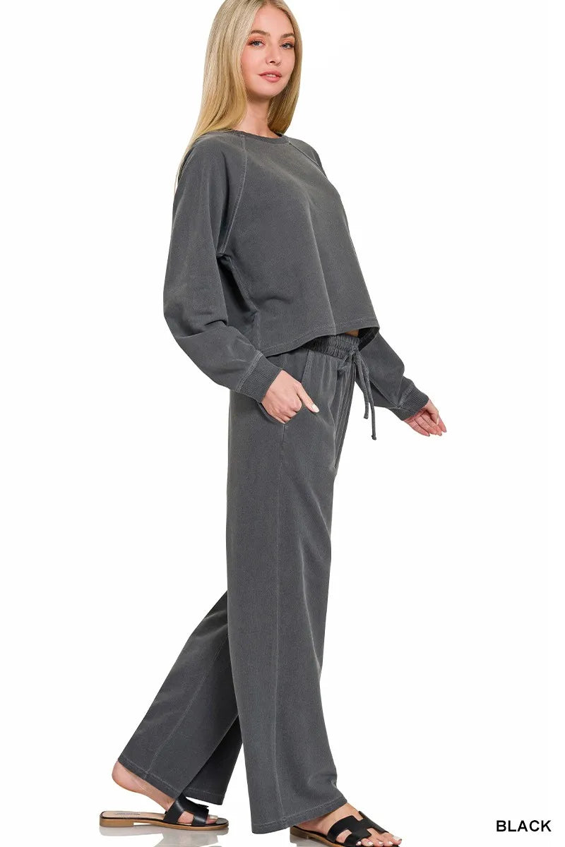 Zenana black washed fleece pullover and pants set with round neck, soft terry fabric, casual loungewear by Trendsi