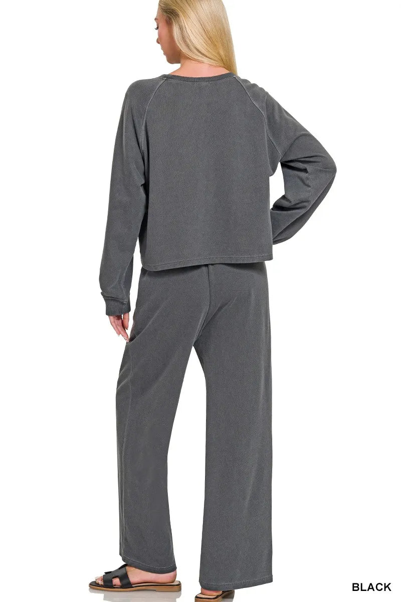 Black Zenana washed fleece sweatshirt and pants set with round neck, casual loungewear from Trendsi.