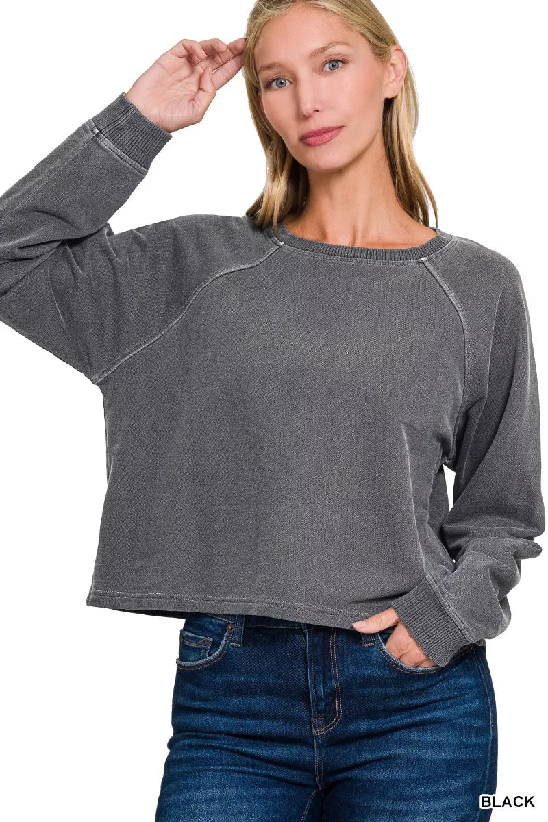Black Zenana washed fleece terry round neck pullover and matching pants set, cozy loungewear from Trendsi.