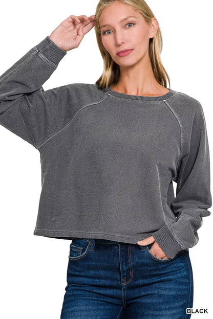 Black Zenana washed fleece terry round neck pullover and matching pants set, cozy loungewear from Trendsi.