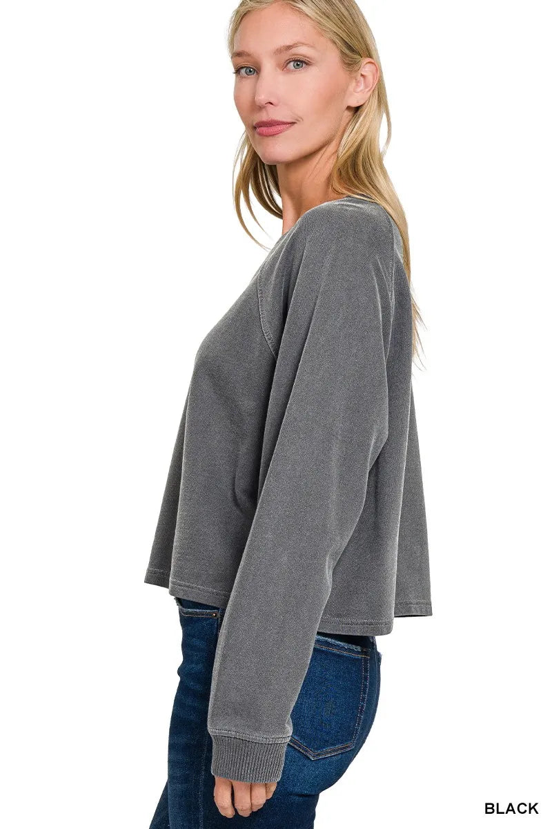 Black Zenana washed fleece sweatshirt and pants set with round neck, soft terry fabric, comfortable loungewear from Trendsi.