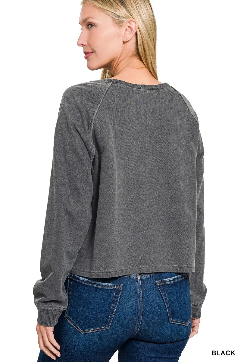 Black Zenana washed fleece terry round neck pullover and pants set, comfortable loungewear with a relaxed fit.