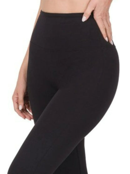 Black Zenana wide waistband yoga flare pants with a comfortable fit and stylish flare design, perfect for active or casual wear.