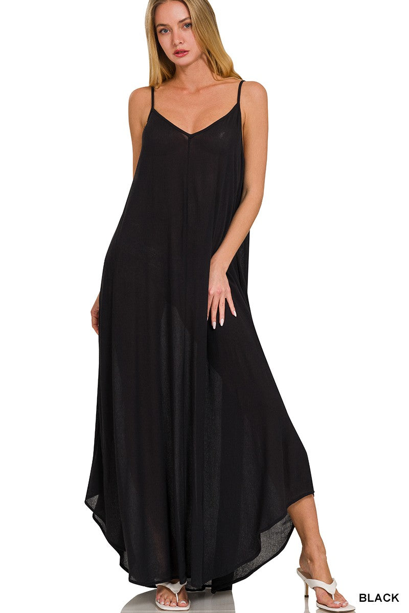 Black Zenana woven crinkle cami maxi dress with side pockets, featuring a relaxed fit and sleeveless design.