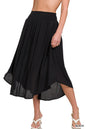 Black Zenana woven crinkle maxi skirt with smocked waist and pockets, featuring a flowing design and comfortable fit.