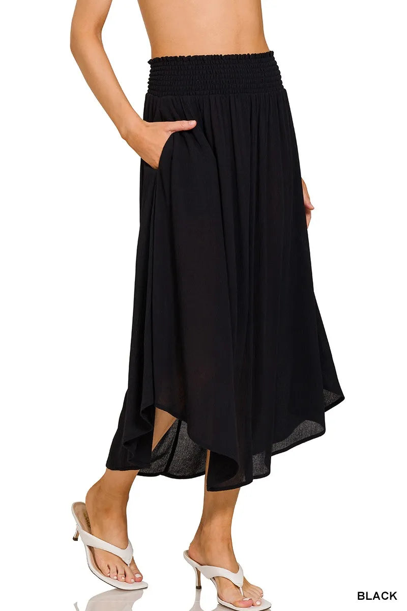 Black Zenana woven crinkle maxi skirt with smocked waist and pockets, featuring a flowy design and casual style.