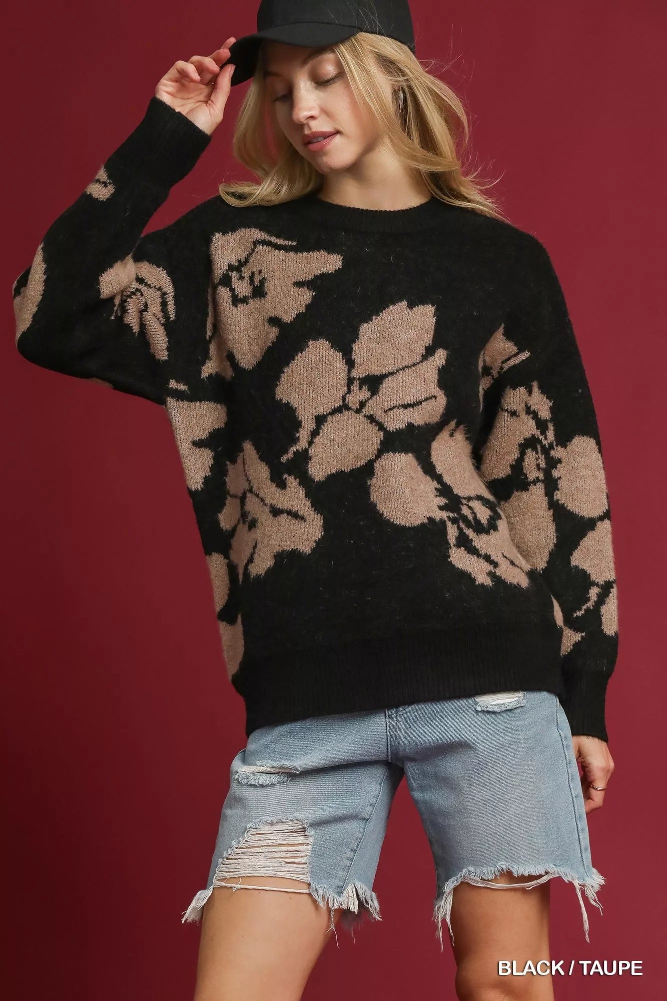 Black taupe floral long sleeve sweater by Umgee, featuring a cozy knit design and feminine floral pattern.