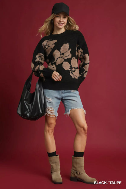 Black and taupe floral long sleeve sweater by Umgee featuring a cozy, stylish knit design.