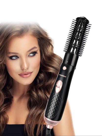 Black Trendsi fast heating curling iron with UK plug, shown with curled hair and ergonomic handle for easy styling.