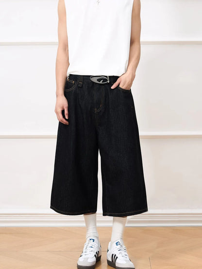 Men's black wide-leg denim shorts by Trendsi, shown in XS size with a relaxed fit and casual style.