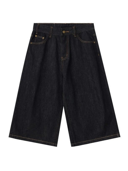 Men's wide leg denim shorts in black, made by Trendsi, featuring a relaxed fit and casual style.