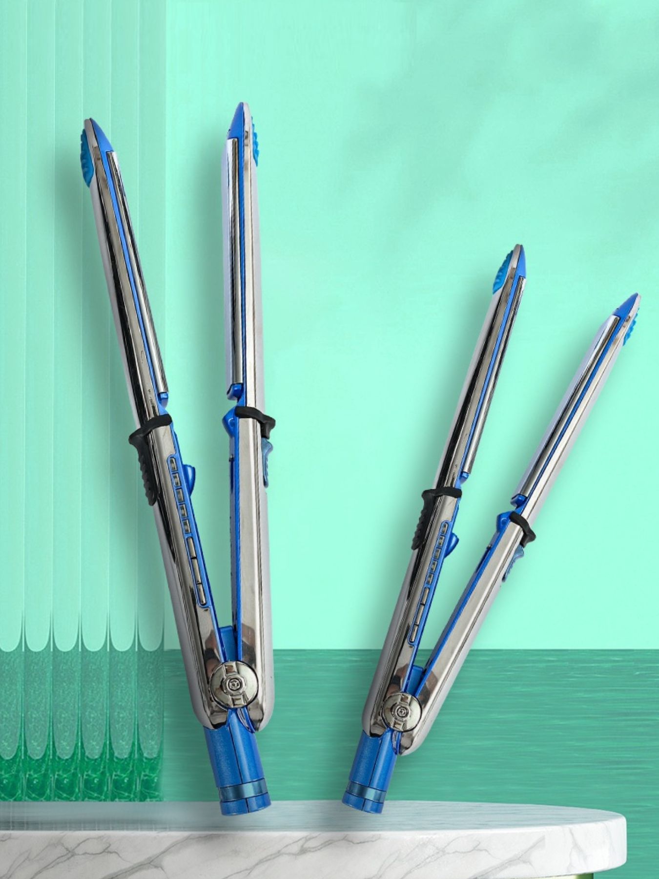 Blue Trendsi fast heating hair straightener with European plug, sleek design, and ceramic plates for smooth styling.