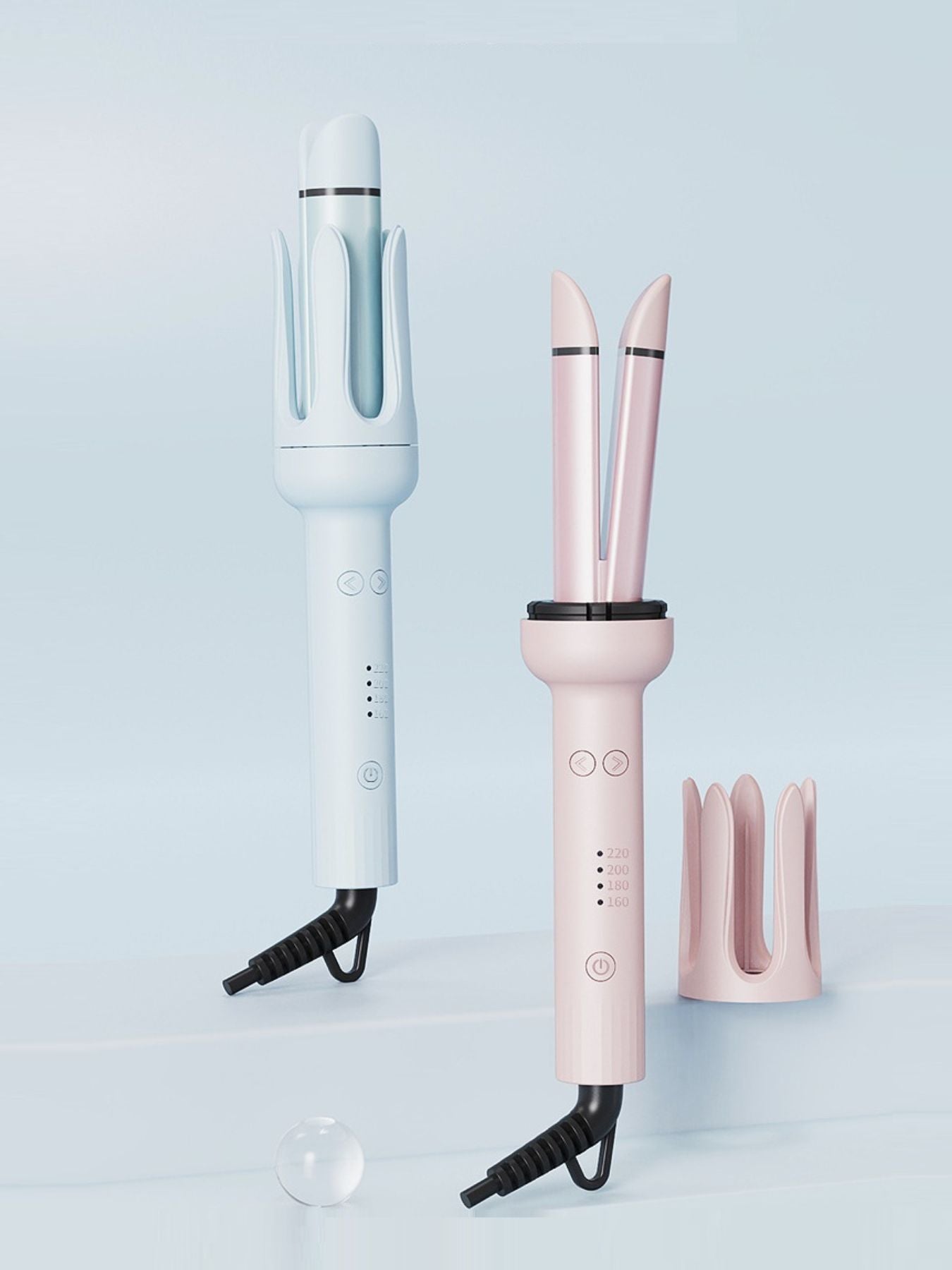 Blue rotating ceramic hair curling iron with European plug, designed for smooth, effortless curls by Trendsi.