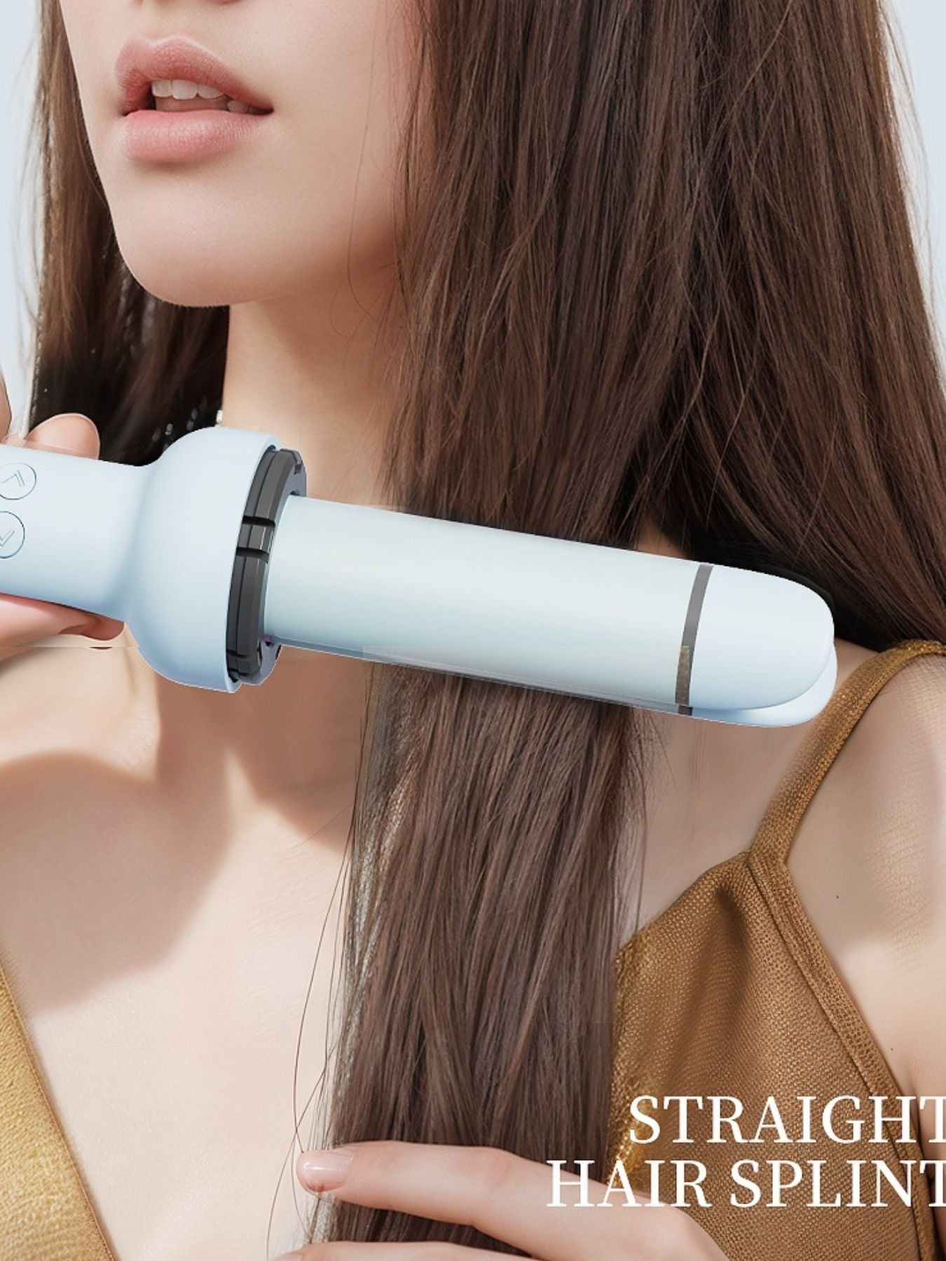 Blue European plug rotating ceramic hair curling iron by Trendsi, showing the sleek, cylindrical curling wand with a rotating handle.