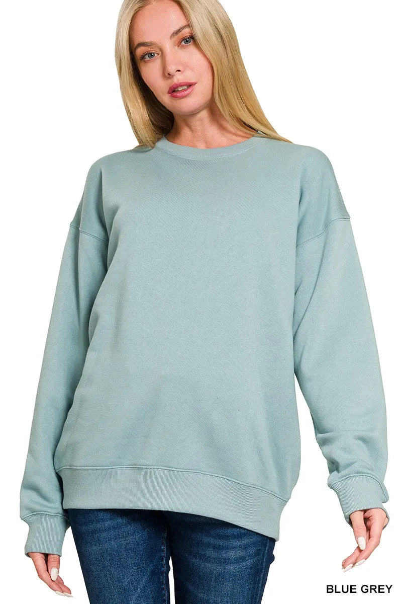 Blue-grey Zenana fleece round neck sweatshirt, cozy casual top from Trendsi, displayed on a plain background.