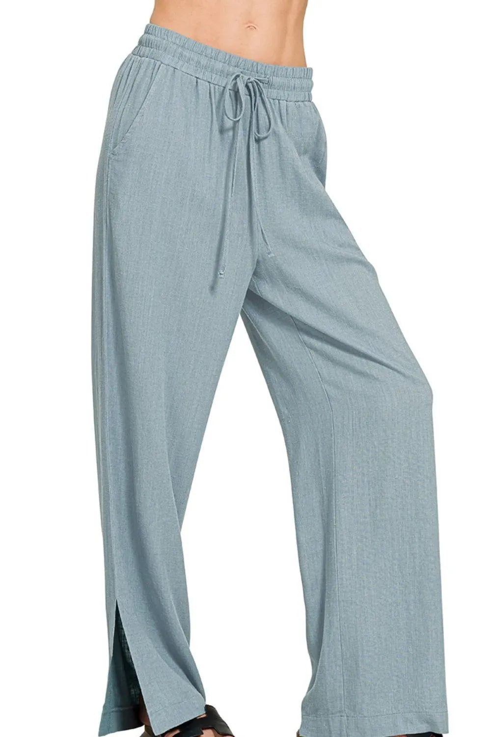 Blue-grey Zenana linen drawstring pants with relaxed fit and adjustable waist, stylish and breathable for casual wear.