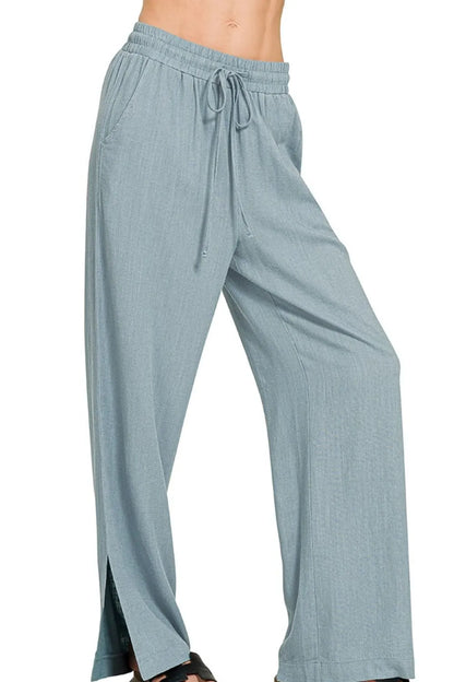 Blue-grey Zenana linen drawstring pants with relaxed fit and adjustable waist, stylish and breathable for casual wear.