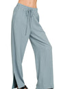 Blue-grey Zenana linen drawstring pants with relaxed fit and adjustable waist, stylish and breathable for casual wear.