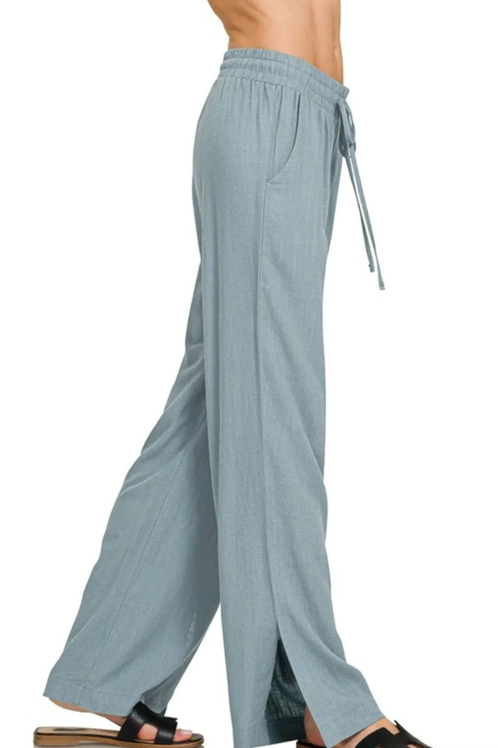 Blue-grey Zenana linen drawstring pants with relaxed fit and adjustable waistband, casual and comfortable for everyday wear.