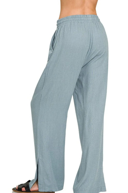 Blue-grey Zenana linen drawstring pants with a relaxed fit and elastic waistband, styled for casual comfort.