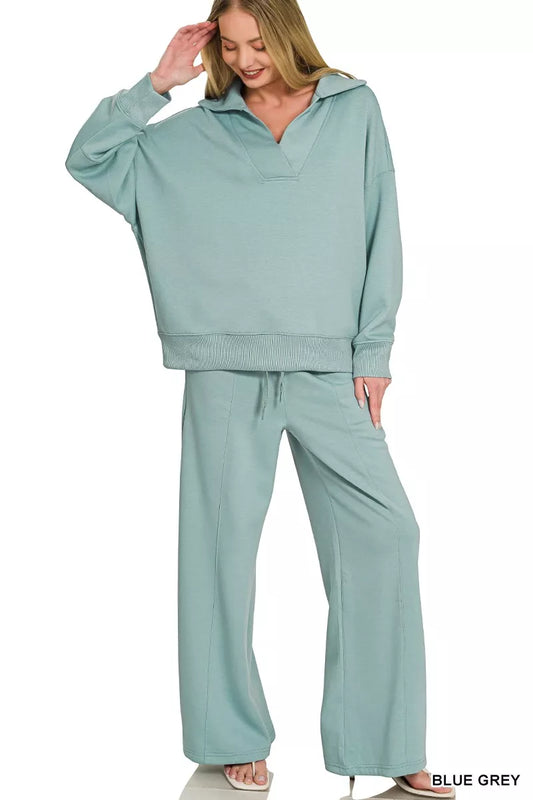 Blue-grey Zenana scuba collared pullover and center seam pants set, stylish activewear from Trendsi.
