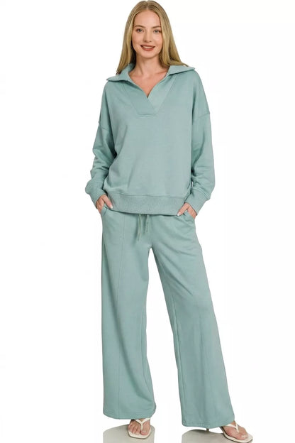 Blue-grey Zenana scuba collared pullover and center seam pants set, stylish and comfortable, casual women's loungewear ensemble.
