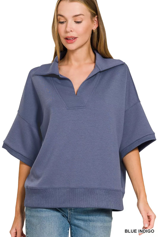 Blue Zenana scuba collared short sleeve pullover by Trendsi, featuring a relaxed fit and lightweight fabric for casual wear.