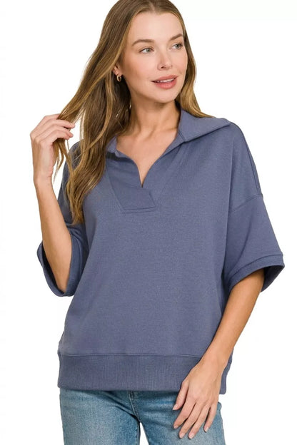 Blue Zenana Scuba Collared Short Sleeve Pullover from Trendsi, featuring a comfortable fit and stylish collar detail.
