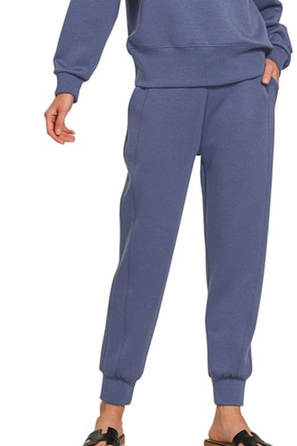 Blue Zenana scuba crewneck pullover and joggers 2-piece set by Trendsi, casual loungewear for comfort and style