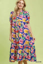 Blue floral print Umgee puff sleeve tiered midi dress with a flowy silhouette and feminine design.