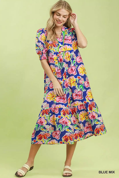 Blue floral print puff sleeve tiered midi dress by Umgee, featuring a flowy silhouette and feminine design.