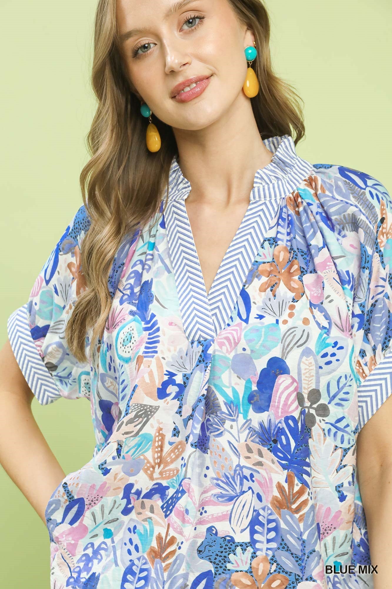 Blue Umgee Mix Boho printed V-neck top, casual women's blouse with bohemian pattern and relaxed fit.