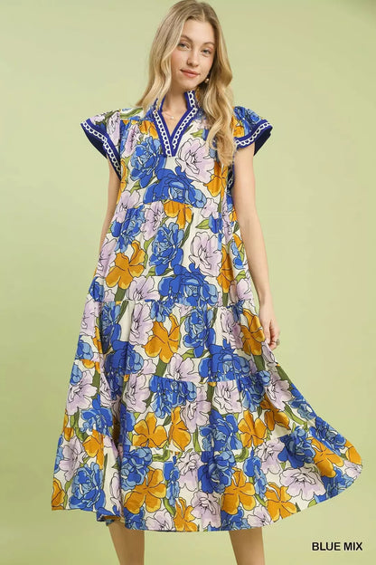 Blue Umgee Mix Bold Floral Tiered Midi Dress with a flowy silhouette and vibrant floral pattern, perfect for spring and summer wear.