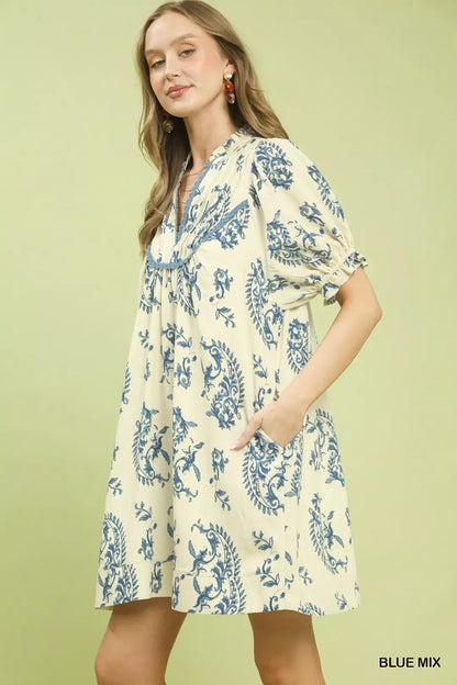 Blue Umgee Mix Paisley Scallop Trim Dress with flowy fabric and scalloped hem, perfect for casual or semi-formal occasions.