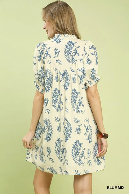 Blue Umgee Mix Paisley Scallop Trim Dress with flowing fabric and detailed scallop edges, perfect for casual or semi-formal wear.