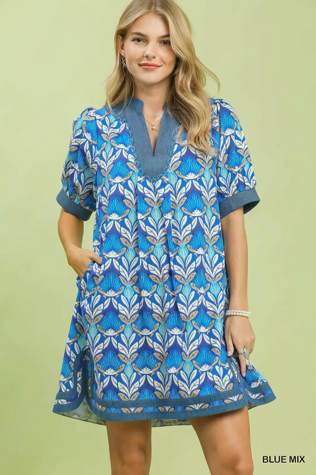 Blue Umgee Mix Tile Print Mini Dress with short sleeves and relaxed fit, stylish and perfect for casual wear.
