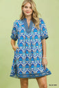 Blue Umgee Mix Tile Print Mini Dress with short sleeves and relaxed fit, stylish and perfect for casual wear.